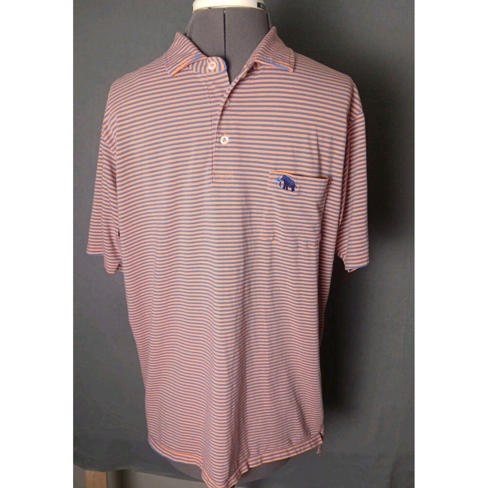B Draddy Polo Shirt Mens Medium Orange Navy Stripe Pima Cotton Pocket Logo EUC